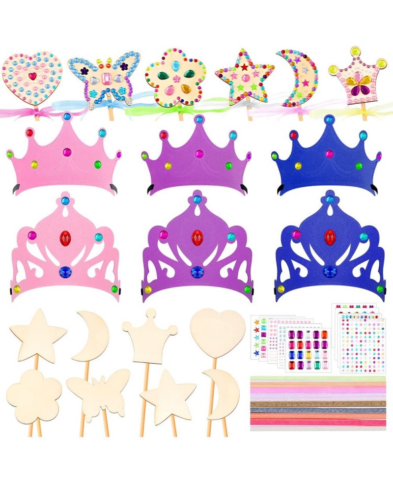 55 Piece Princess Wands Kit Include Wooden Wands for Crafts Gem Stickers Ribbons Foam Princess Tiaras and Wooden Crowns DIY H...