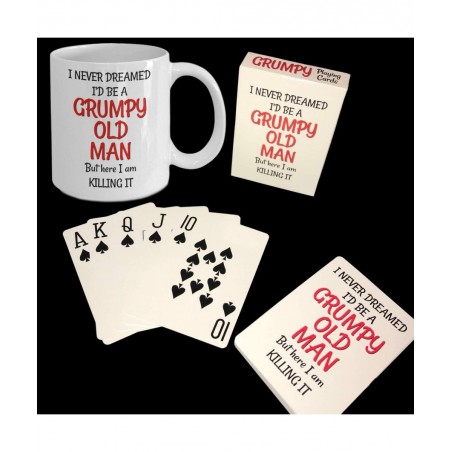 Grumpy Old Man Gag Gift Set - 50th 60th 70th 75th 80th Birthday - Mug and Jumbo Index Large Print Playing Cards for Seniors -...