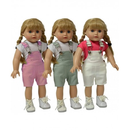 Set of 3 Twill Overalls: Pink Grey and White $23.51 Doll Accessories