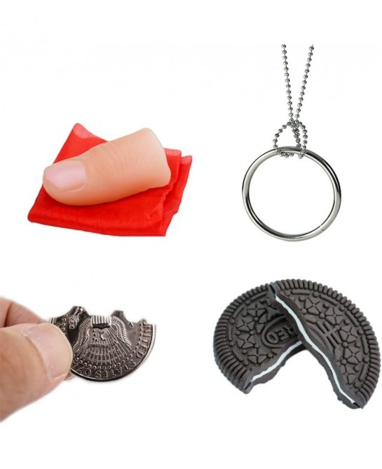 Magic Tricks Kit Including 4 Classic Tricks - Bite Coin Bite Cookies Disappearing Silk Fake Thumb Tip Magic Ring Chains for S...