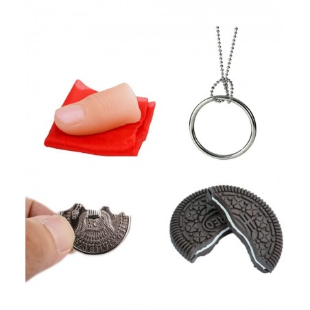 Magic Tricks Kit Including 4 Classic Tricks - Bite Coin Bite Cookies Disappearing Silk Fake Thumb Tip Magic Ring Chains for S...