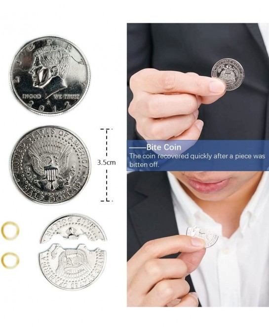 Magic Tricks Kit Including 4 Classic Tricks - Bite Coin Bite Cookies Disappearing Silk Fake Thumb Tip Magic Ring Chains for S...