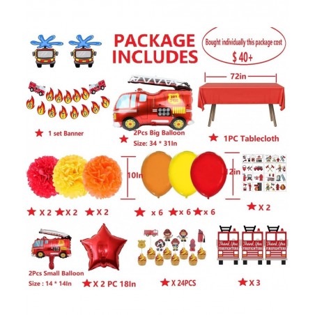 62PCS Premium Fire Truck Theme Birthday Party Supplies Fireman Happy Birthday Banner Firefighter Cake Topper Balloon Sticker ...