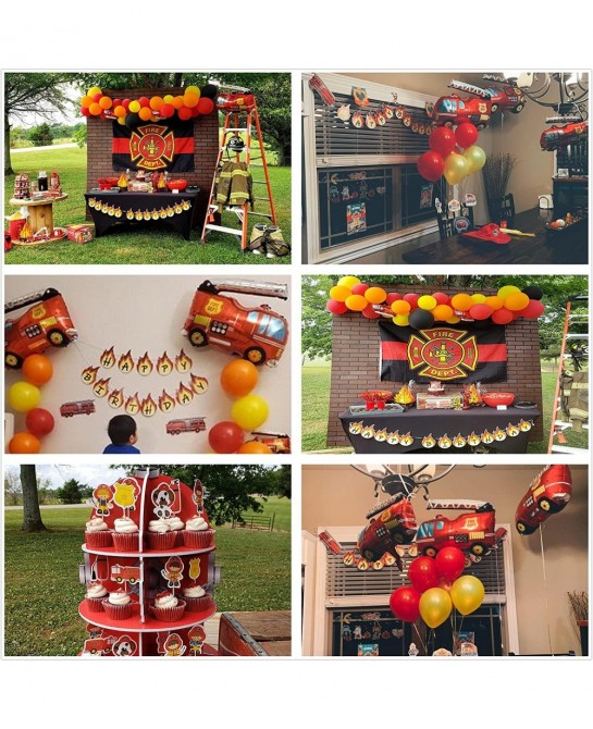62PCS Premium Fire Truck Theme Birthday Party Supplies Fireman Happy Birthday Banner Firefighter Cake Topper Balloon Sticker ...