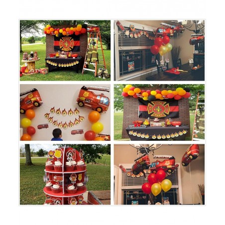 62PCS Premium Fire Truck Theme Birthday Party Supplies Fireman Happy Birthday Banner Firefighter Cake Topper Balloon Sticker ...