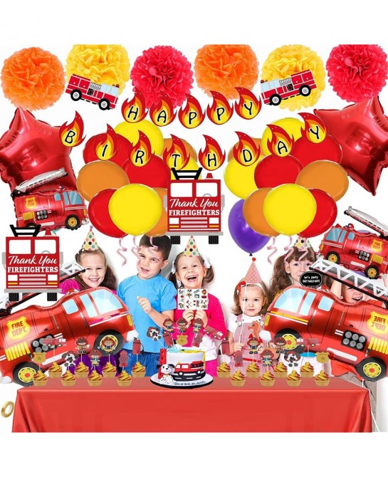 62PCS Premium Fire Truck Theme Birthday Party Supplies Fireman Happy Birthday Banner Firefighter Cake Topper Balloon Sticker ...