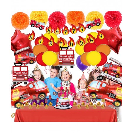62PCS Premium Fire Truck Theme Birthday Party Supplies Fireman Happy Birthday Banner Firefighter Cake Topper Balloon Sticker ...