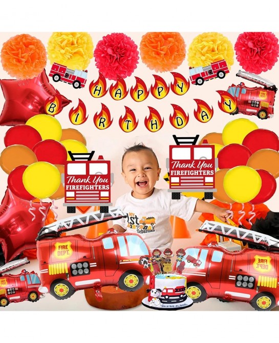 62PCS Premium Fire Truck Theme Birthday Party Supplies Fireman Happy Birthday Banner Firefighter Cake Topper Balloon Sticker ...