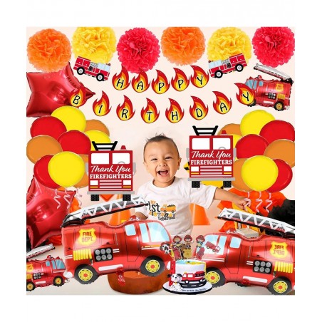 62PCS Premium Fire Truck Theme Birthday Party Supplies Fireman Happy Birthday Banner Firefighter Cake Topper Balloon Sticker ...