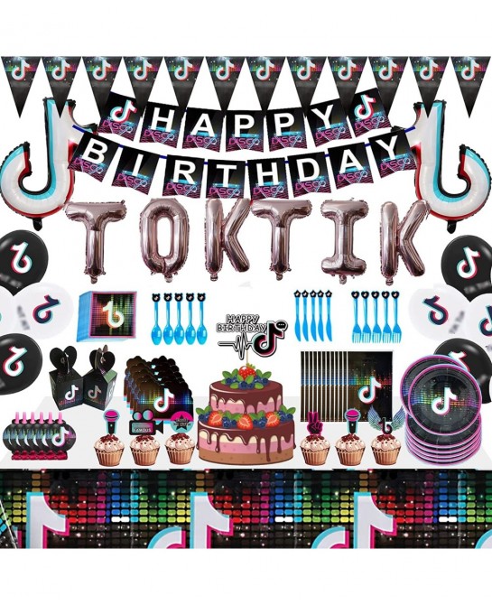 154Pcs Music Birthday Party Decorations for 10 Guests Supplies Including Banners Tablecloths Balloons Cake Toppers Cutlery Po...