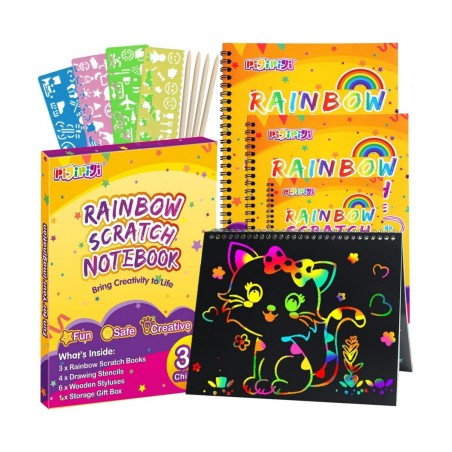 Gifts for 3-12 Year Old Girls Boys - Rainbow Scratch Notebooks Arts Crafts Supplies Set Color Drawing Paper Kit for Kids Birt...