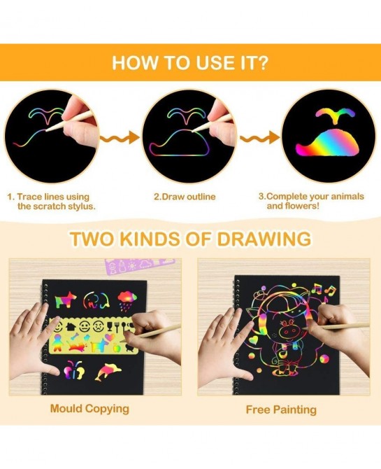 Gifts for 3-12 Year Old Girls Boys - Rainbow Scratch Notebooks Arts Crafts Supplies Set Color Drawing Paper Kit for Kids Birt...