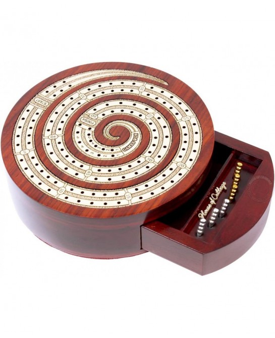 Spiral Shape 2 Track Non-Continuous Cribbage Board - Push Drawer Storage for Pegs and 1 Deck of Cards with Score Marking Fiel...