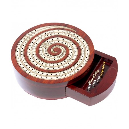 Spiral Shape 2 Track Non-Continuous Cribbage Board - Push Drawer Storage for Pegs and 1 Deck of Cards with Score Marking Fiel...