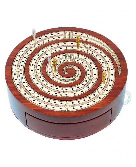 Spiral Shape 2 Track Non-Continuous Cribbage Board - Push Drawer Storage for Pegs and 1 Deck of Cards with Score Marking Fiel...