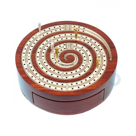 Spiral Shape 2 Track Non-Continuous Cribbage Board - Push Drawer Storage for Pegs and 1 Deck of Cards with Score Marking Fiel...