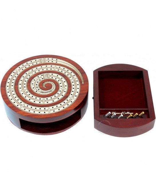 Spiral Shape 2 Track Non-Continuous Cribbage Board - Push Drawer Storage for Pegs and 1 Deck of Cards with Score Marking Fiel...