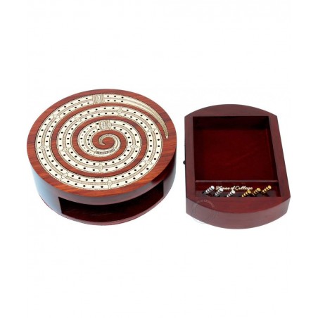 Spiral Shape 2 Track Non-Continuous Cribbage Board - Push Drawer Storage for Pegs and 1 Deck of Cards with Score Marking Fiel...