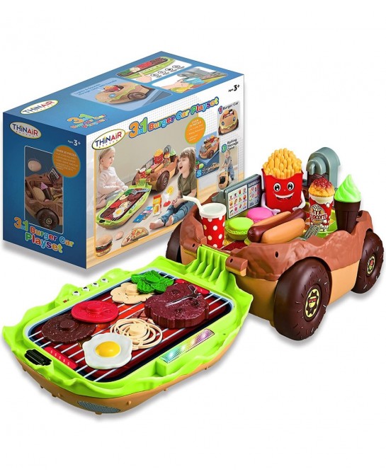 Burger Car Kids’ Kitchen Playset: 3 Pretend Play Toys in 1 with Fun Lights & Sounds Includes Burger-Shaped Toy Car Toy Food T...