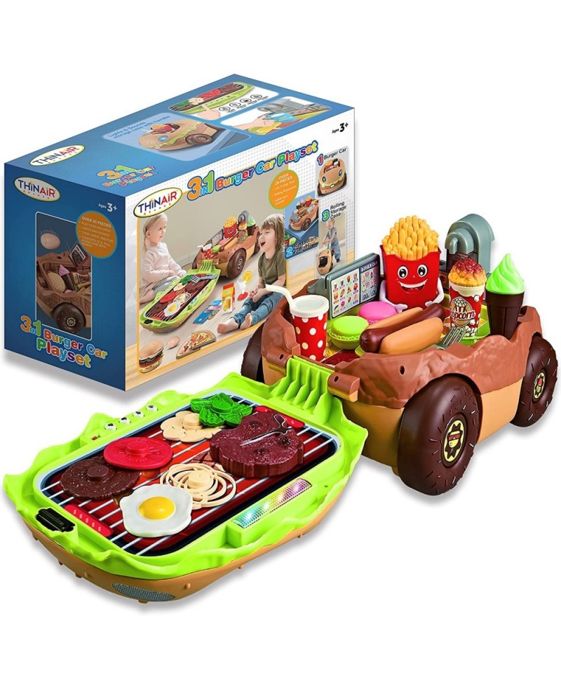 Burger Car Kids’ Kitchen Playset: 3 Pretend Play Toys in 1 with Fun Lights & Sounds Includes Burger-Shaped Toy Car Toy Food T...