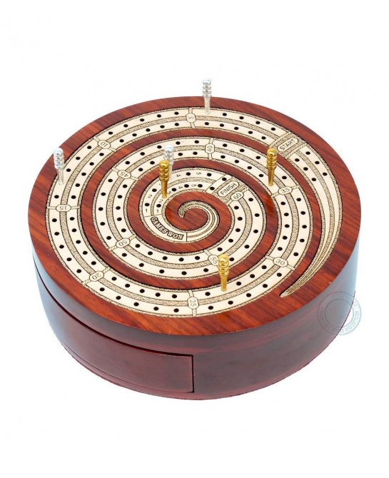 Spiral Shape 2 Track Non-Continuous Cribbage Board - Push Drawer Storage for Pegs and 1 Deck of Cards with Score Marking Fiel...