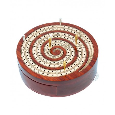 Spiral Shape 2 Track Non-Continuous Cribbage Board - Push Drawer Storage for Pegs and 1 Deck of Cards with Score Marking Fiel...