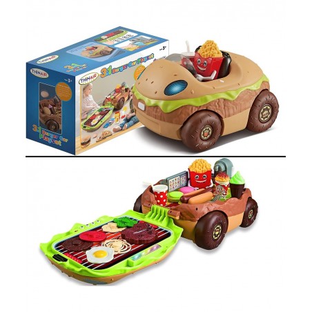 Burger Car Kids’ Kitchen Playset: 3 Pretend Play Toys in 1 with Fun Lights & Sounds Includes Burger-Shaped Toy Car Toy Food T...