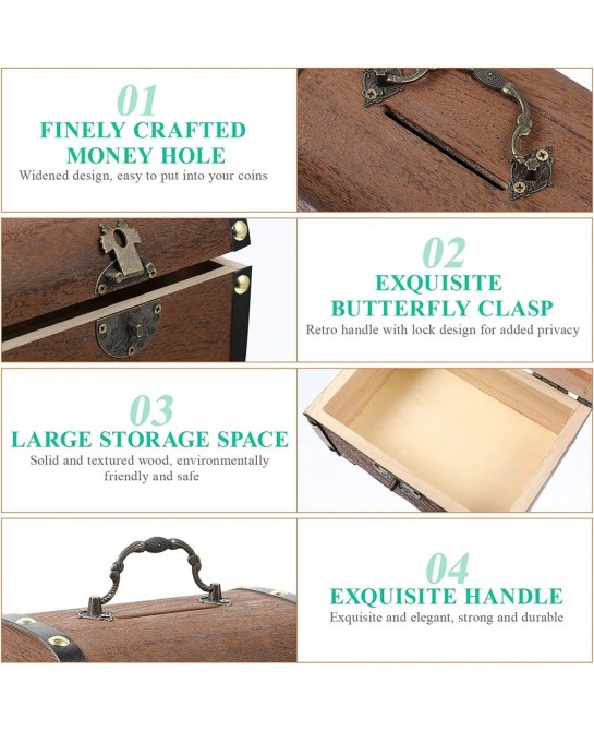 Wooden Vintage Coin Box with Lock Retro Treasure Storage Box Saving Box Case for Children $39.71 Kids' Money Banks