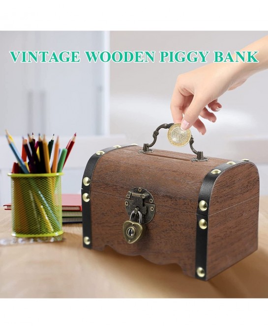 Wooden Vintage Coin Box with Lock Retro Treasure Storage Box Saving Box Case for Children $39.71 Kids' Money Banks