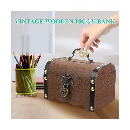 Wooden Vintage Coin Box with Lock Retro Treasure Storage Box Saving Box Case for Children $39.71 Kids' Money Banks