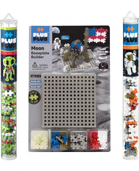 Explore Space Bundle - Moon Baseplate & Astronaut Alien 70 pc Tubes - Construction Building Stem / Steam Toy Interlocking Min...