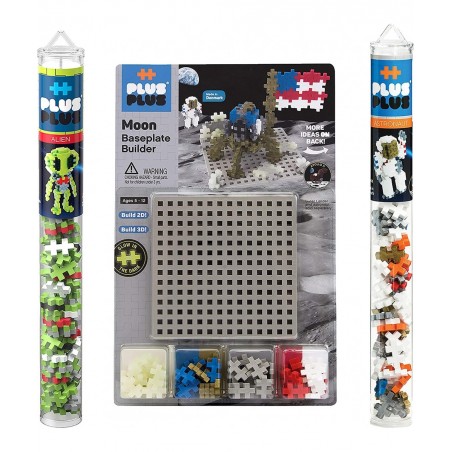 Explore Space Bundle - Moon Baseplate & Astronaut Alien 70 pc Tubes - Construction Building Stem / Steam Toy Interlocking Min...
