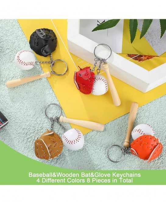 8 Pieces Mini Baseball Keychains Three-piece Baseball Gloves Wooden Bat Keychain Baseball Sports Keychain for Car Keys Backpa...