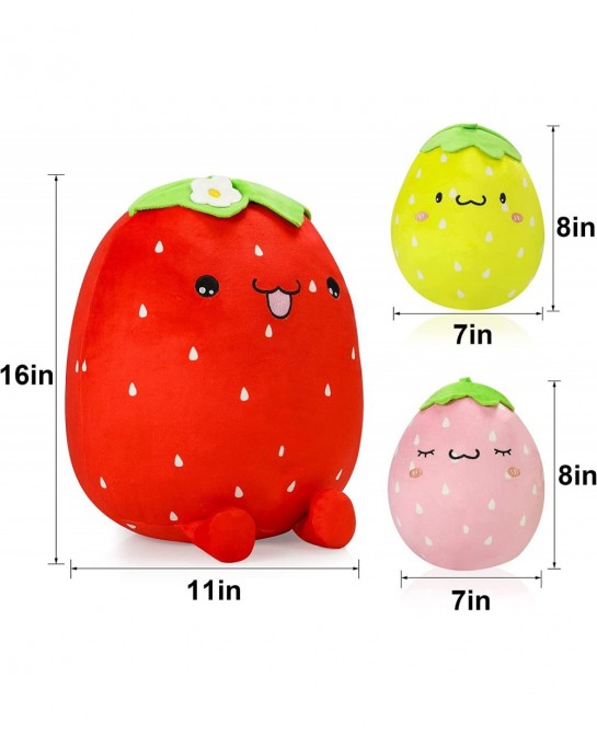 3Pcs Adorable Plush Strawberry Pillow Toys 16'' and 8'' Stuffed Plushies Toy Doll Soft Cute Fruit Plush Throw Pillows Hugging...