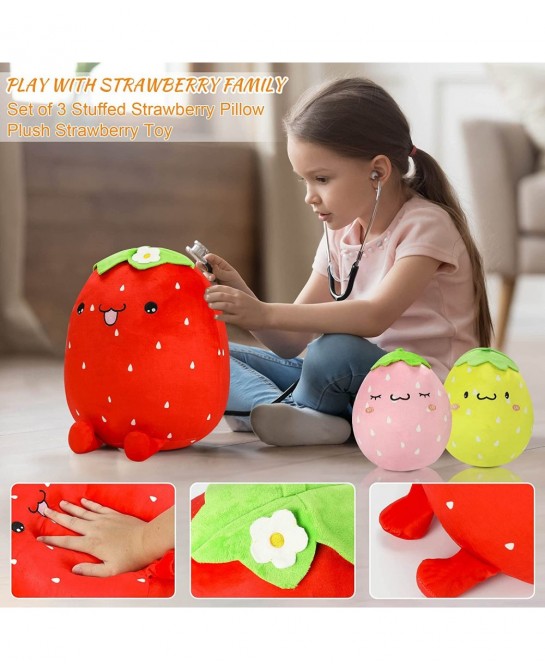 3Pcs Adorable Plush Strawberry Pillow Toys 16'' and 8'' Stuffed Plushies Toy Doll Soft Cute Fruit Plush Throw Pillows Hugging...