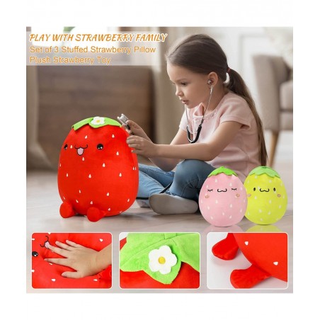 3Pcs Adorable Plush Strawberry Pillow Toys 16'' and 8'' Stuffed Plushies Toy Doll Soft Cute Fruit Plush Throw Pillows Hugging...