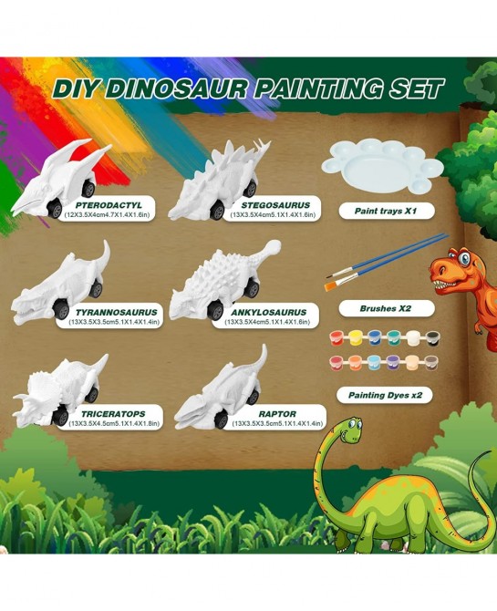 6 Pack Painting Dinosaur Pull Back Car Toys Arts and Crafts for Kids Age 3-12 DIY Dinosaur Painting Kits for Boys Girls Kids ...