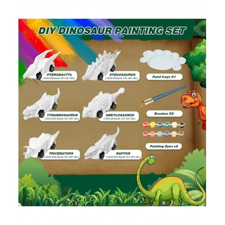 6 Pack Painting Dinosaur Pull Back Car Toys Arts and Crafts for Kids Age 3-12 DIY Dinosaur Painting Kits for Boys Girls Kids ...
