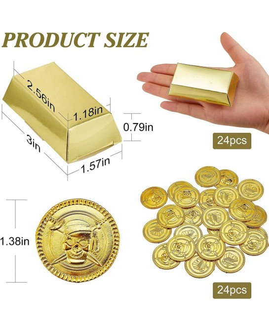 24 Pieces Foil Gold Bar Treasure Boxes Pirate Gold Bar Favor Boxes Paper Gold Brick Decoration and 24 Pieces Gold Pirate Trea...