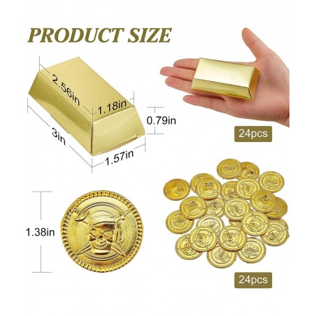 24 Pieces Foil Gold Bar Treasure Boxes Pirate Gold Bar Favor Boxes Paper Gold Brick Decoration and 24 Pieces Gold Pirate Trea...