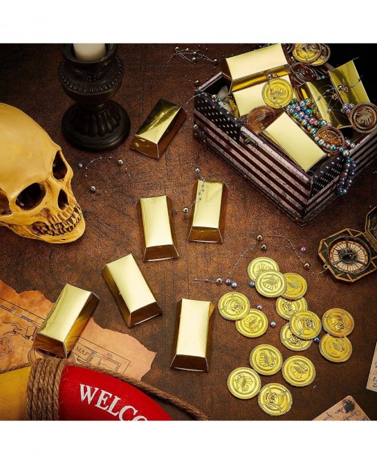 24 Pieces Foil Gold Bar Treasure Boxes Pirate Gold Bar Favor Boxes Paper Gold Brick Decoration and 24 Pieces Gold Pirate Trea...