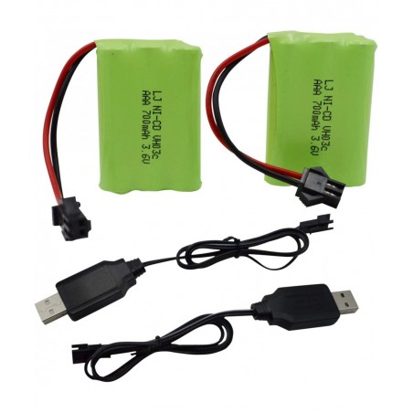 2 Pack 3.6V 700mAh AAA Re-Chargeable Battery Pack with SM-2P Connector Plug and USB Charger Cable for RC Battle Bumper Cars a...