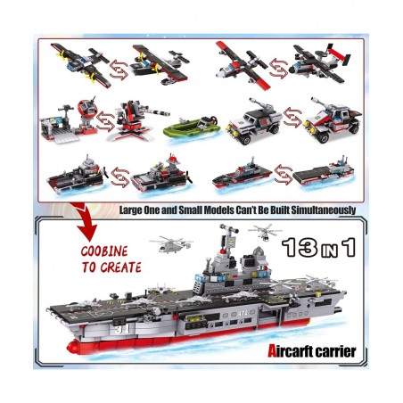 1161 Pieces Aircraft Carrier Building Blocks Set 13 in 1 Military Battleship Model Building Toy Kit with Armored Tank Fighter...