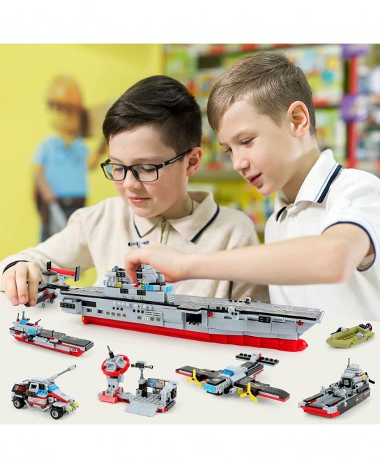 1161 Pieces Aircraft Carrier Building Blocks Set 13 in 1 Military Battleship Model Building Toy Kit with Armored Tank Fighter...