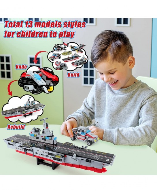 1161 Pieces Aircraft Carrier Building Blocks Set 13 in 1 Military Battleship Model Building Toy Kit with Armored Tank Fighter...