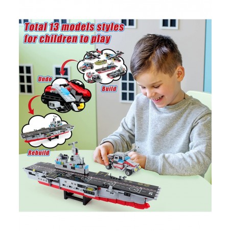 1161 Pieces Aircraft Carrier Building Blocks Set 13 in 1 Military Battleship Model Building Toy Kit with Armored Tank Fighter...