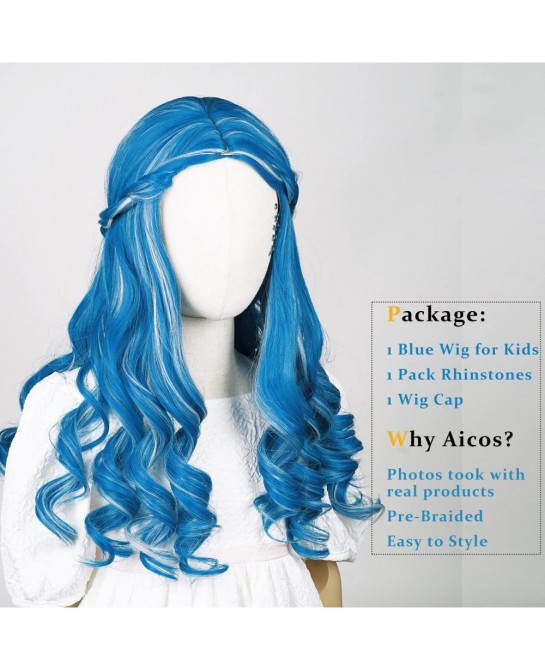 Colored Blue mix Grey Cosplay Wig with Face Sticker for Girls Addison+Wig Cap $39.35 Kids' Dress-Up Accessories