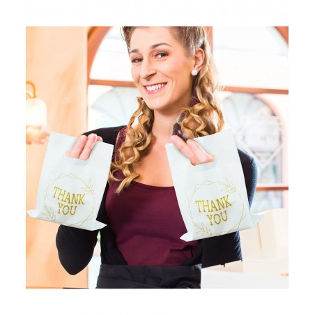 100 PCS Thank You Plastic Bags with Handles 6x7.8inch Merchandise Bags Party Favor Goodie Bags Mini Gift Bags Candy Cookie Tr...
