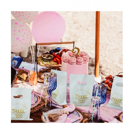 100 PCS Thank You Plastic Bags with Handles 6x7.8inch Merchandise Bags Party Favor Goodie Bags Mini Gift Bags Candy Cookie Tr...