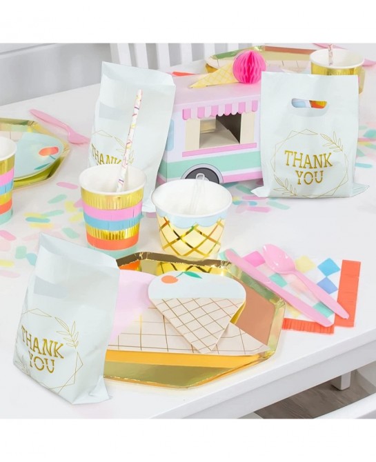 100 PCS Thank You Plastic Bags with Handles 6x7.8inch Merchandise Bags Party Favor Goodie Bags Mini Gift Bags Candy Cookie Tr...